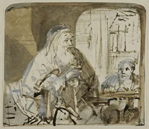 Brown Wash Prints: Homer dictates to a scribe. Creator: Rembrandt Harmensz van Rijn