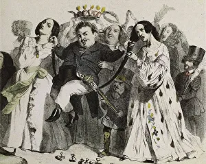 Grandville Prints: Honore de Balzac, the most prolific of our authors, supported and crowned by women, 1839