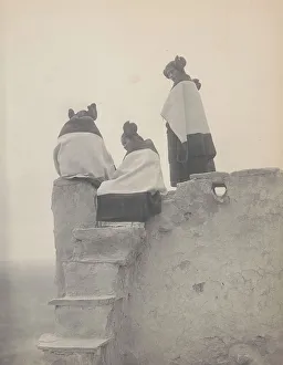 Hopi Prints: Three Hopi women at top of adobe steps
