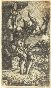 Tiber Prints: Horatio Cocles Leaping into the River Tiber, c. 1520/1530. Creator: Albrecht Altdorfer