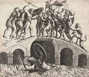 Lapidation Prints: Horatio Cocles Saving Himself by Swimming, 16th century. Creator: Diana Mantuana