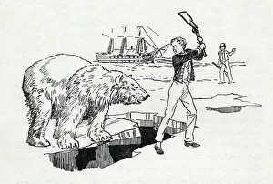 Raphael Tuck And Sons Prints: Horatio Nelson confronts a polar bear in the Arctic, c1900. Creator: Howard Davie
