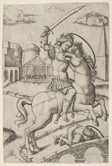 On Horseback Gallery: Horatius Cocles on horseback, trampling a fallen soldier, ca. 1510-27. Creator: Marcantonio Raimondi