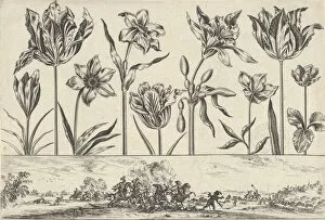 Burin Collection: Horizontal Panel with a Row of Flowers Above a Frieze with a Battle Scene in a Landscape