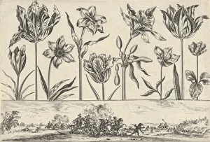 Moncornet Balthazar Prints: Horizontal Panel with a Row of Flowers Above a Frieze with a Battle Scene in a Landscape
