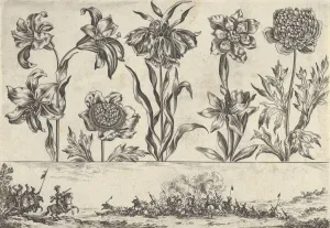 Horizontal Panel with a Row of Flowers Above a Frieze with a Battle Scene in a Landscape