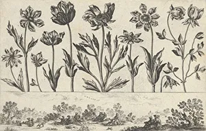 Moncornet Balthazar Prints: Horizontal Panel with a Row of Flowers Above a Frieze with Figures in a Landscape