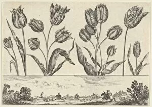 Balthazar Moncornet Collection: Horizontal Panel with a Row of Flowers Above a Frieze with a Hunting Scene in a Landscape