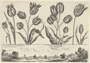 Burin Collection: Horizontal Panel with a Row of Flowers Above a Frieze with a Hunting Scene in a Landscape
