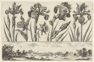 Horizontal Panel with a Row of Flowers Above a Frieze with a Hunting Scene in a Landscape