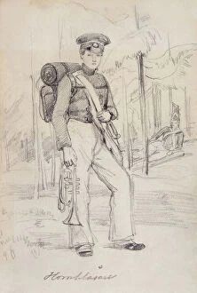 Woods Collection: 'Horn Blower'. Young soldier with pack and instruments. (c1850s). Creator: Fritz von Dardel