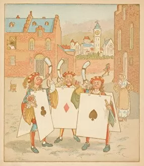 Horn-blowers wearing playing cards, 1880. Creator: Randolph Caldecott