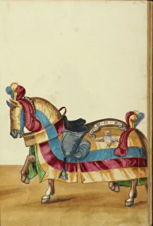 Equestrian Equipment Prints: A Horse in Armor, about 1560-1570. Creator: Unknown
