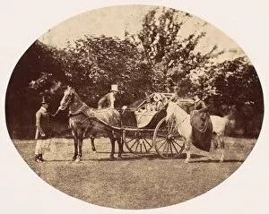 On Horseback Gallery: Horse-drawn Carriage and Female Rider, 1858. Creator: William Henry Lake Price