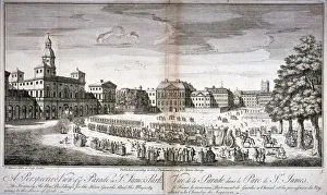 State Coach Prints: Horse Guards Parade, Westminster, London, 1754. Artist: John Maurer