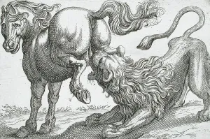 Kicked Prints: A Horse Kicking a Lion, 1610. Creator: Hendrick Hondius I