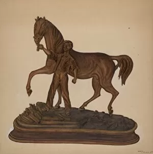 Horse and Man Woodcarving, 1939. Creator: Marie Lutrell