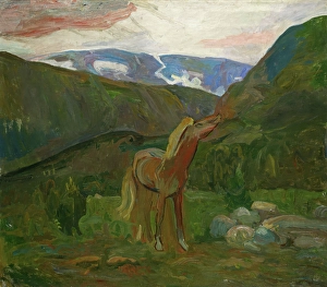 Nasjonalmuseet Prints: Horse in the Mountains, probably 1902. Creator: Oluf Wold-Torne