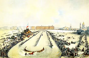 Horse racing on the frozen Neva River in St Petersburg, Russia, 1859. Artist: Iosif Adolfovich Charlemagne Horse racing on the frozen Neva River in St Petersburg, Russia, 1859. Artist: Iosif Adolfovich Charlemagne