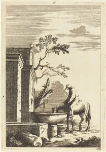 Jonas Umbach Prints: Horse and Rider at a Fountain, c. 1650. Creator: Bernhard Zaech