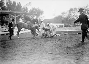 Horse Shows - Victor Mather Falling From Pagan Kin, 1912. Creator: Harris & Ewing. Horse Shows - Victor Mather Falling From Pagan Kin, 1912. Creator: Harris & Ewing