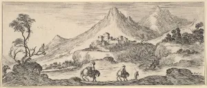 Two horseman descend a hill in center, following another man on foot, a castle in the Two horseman descend a hill in center, following another man on foot, a castle in the