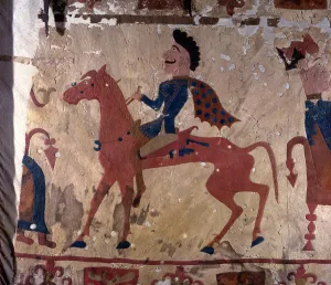 Horseman. Pazyryk felt artifact (Carpet Detail), 5th-4th century BC. Artist: Ancient Altaian, Pazyryk Burial Mounds Horseman. Pazyryk felt artifact (Carpet Detail), 5th-4th century BC. Artist: Ancient Altaian, Pazyryk Burial Mounds