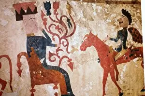 Altai Gallery: Detail of a horseman and seated man from felt Scythian wall-hanging