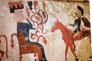 Altai Gallery: Detail of a horseman and seated man from felt Scythian wall-hanging