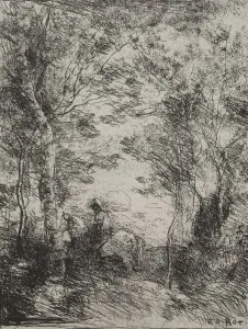 Cliche Verre Prints: Horseman in the Woods, original impression 1854, printed in 1921