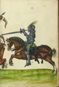 Three Horsemen in Armor from the Time of Emperor Sigismund; Tournament Book, about 1560-1570. Creator: Unknown