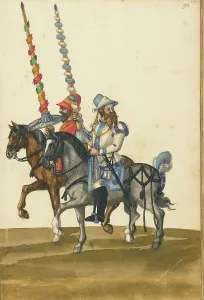 Tournament Prints: Two Horsemen with Lances, about 1560-1570. Creator: Unknown
