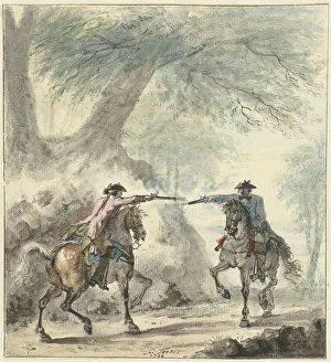 Enemies Prints: Two horsemen meet on a forest road and fire at each other, 1740. Creator: Cornelis Troost