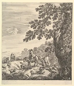 Two horsemen pass a flock, riding towards the left, a peasant woman and a young boy to Two horsemen pass a flock, riding towards the left, a peasant woman and a young boy to