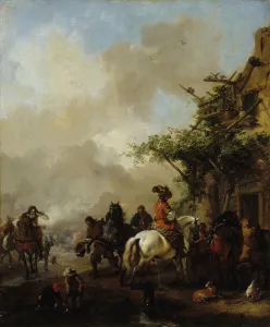 Stopping Prints: Horsemen stop, between 1639 and 1668. Creator: Philip Wouverman