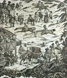 Onlookers Collection: Horseracing at the Turf Inn (Furnishing Fabric), England, c. 1780. Creator: Unknown