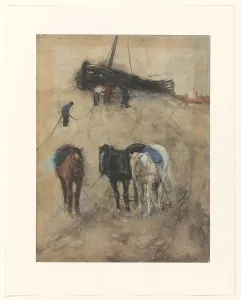 Towpath Prints: Horses on the beach, a barge and fishermen in the background