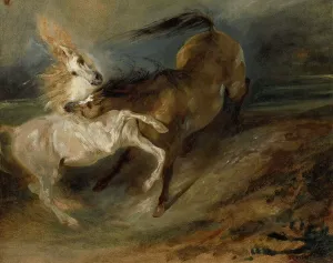 Biting Prints: Two Horses Fighting In A Stormy Landscape, c1828. Creator: Eugene Delacroix