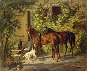 1840s Prints: Horses at the Porch, 1843. Creator: Albrecht Adam