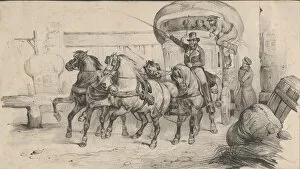 Adam Victor Gallery: Five horses pulling a carriage with passengers, mid-19th century. Creator: Victor Adam