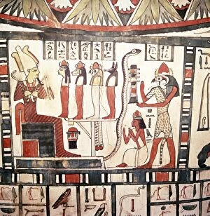 Osiris Gallery: Horus presents the deceased to Osiris, Mummy-Case of Pensenhor, Thebes, c900 BC