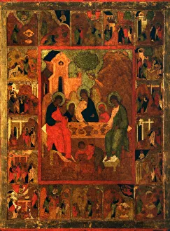 The Hospitality of Abraham (Old Testament Trinity), End of 16th cen.. Artist: Russian icon The Hospitality of Abraham (Old Testament Trinity), End of 16th cen.. Artist: Russian icon
