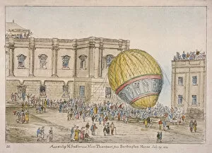 Burlington House Gallery: Hot air balloon in the courtyard of Burlington House, Piccadilly, Westminster, London, 1814