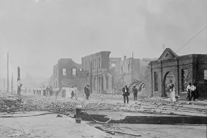 Fire Hose Prints: Hot Springs (Ark.), fire Sept, 1913 - wreck of gas plant, 1913. Creator: Bain News Service
