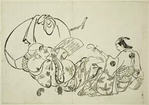 Shamisen Gallery: Hotei Reading a Book, no. 11 from a series of 12 prints, c. 1708