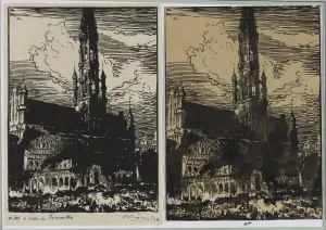 Hotel de Ville de Bruxelles en feu, 1914. Creator: Auguste Louis Lepere (French