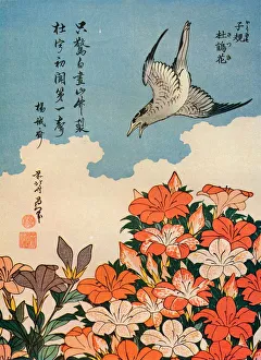 Bright Prints: Hototogisu satsuki (Cuckoo and Azalea), c1828, (1936). Artist: Hokusai
