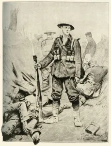 His Hour of Triumph, Fine Study of a Soldier in a Conquered Enemy Trench, 1917. Creator: Unknown