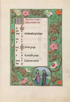 Hours of Queen Isabella the Catholic, Queen of Spain: Fol. 5r, April - Squire and Damsel, c