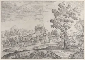 Giovanni Francesco Grimaldi Prints: A house atop a round rock at center, people in the river and in canoes, 1626-80